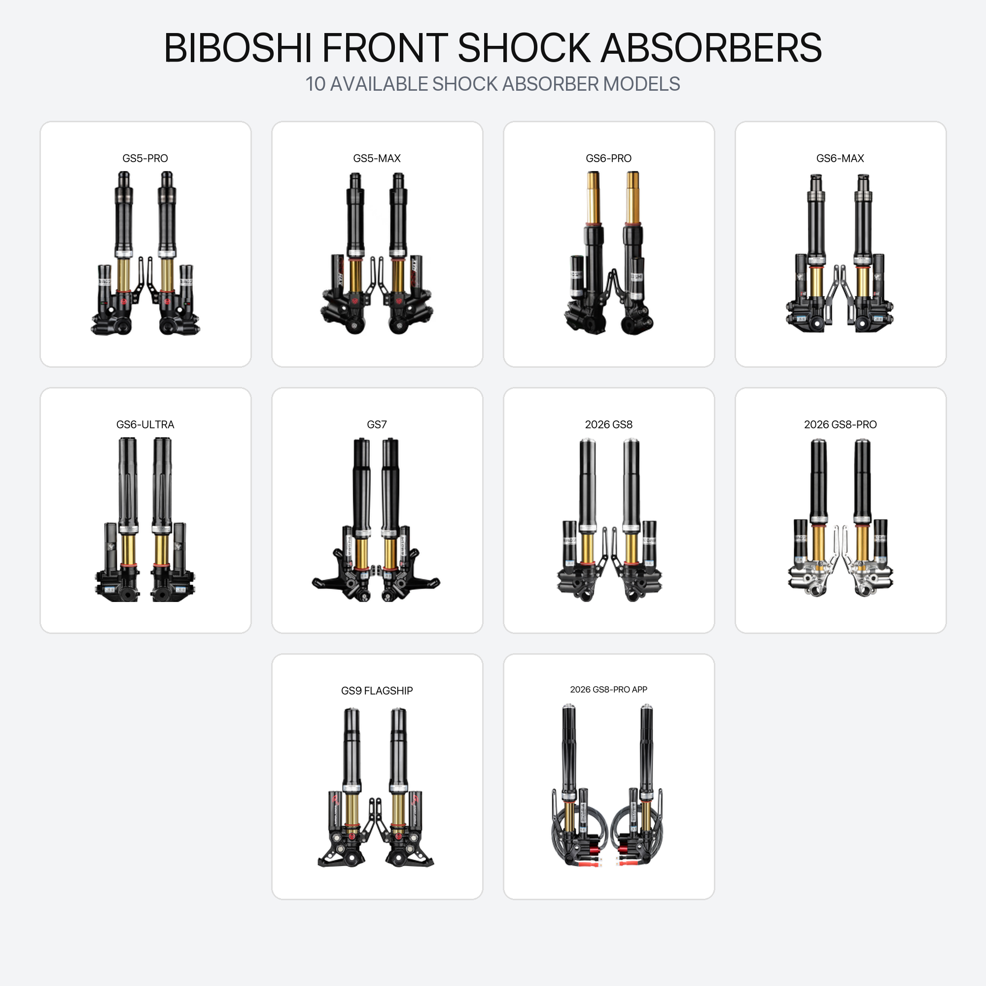 BIBOSHI adjustable front shock absorber model catalogue for NIU Segway and Zeeho scooters