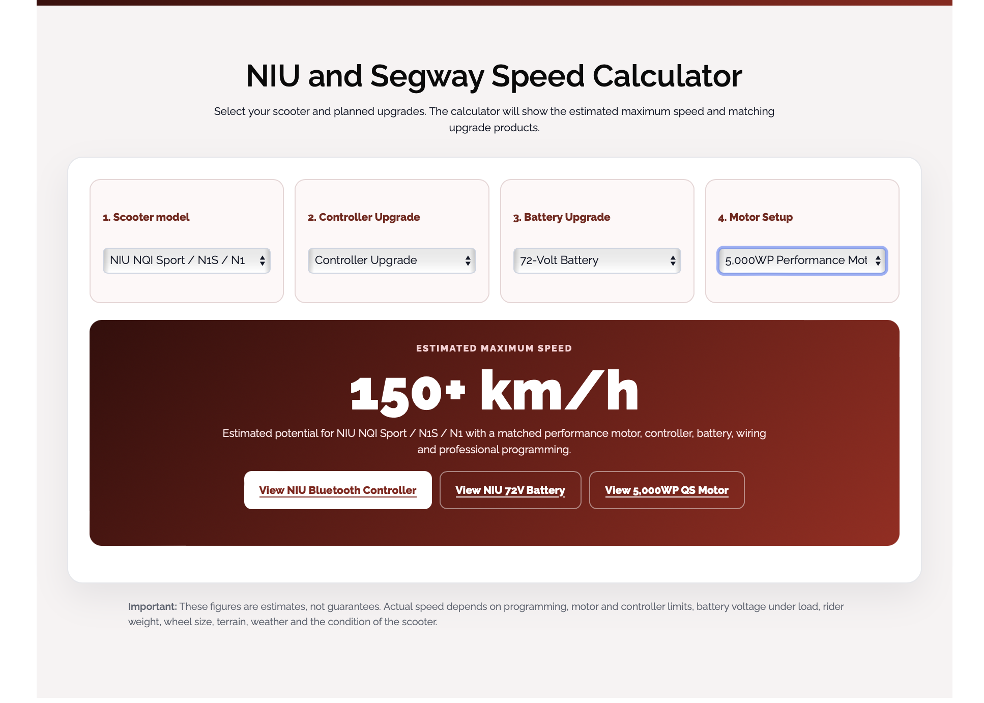 NIU and Segway scooter speed calculator with controller, battery and motor upgrade options
