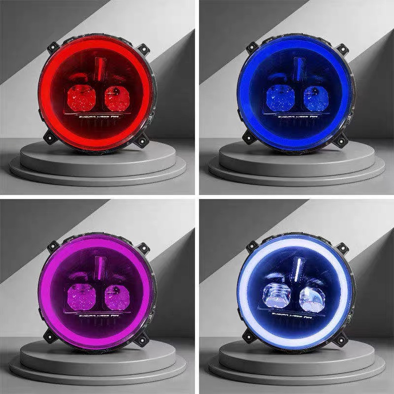 NIU NQiX Skyfall 100W headlight shown with red, blue, purple and white lighting
