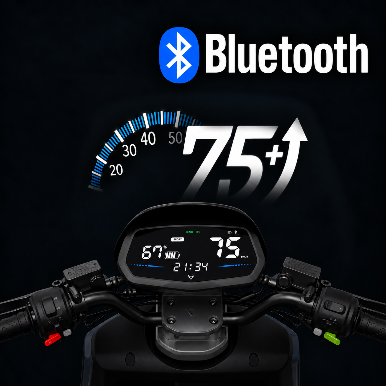 NIU NQi Sport MY 2025 and MY 2026 Bluetooth controller speed upgrade, 75 km/h dashboard illustration